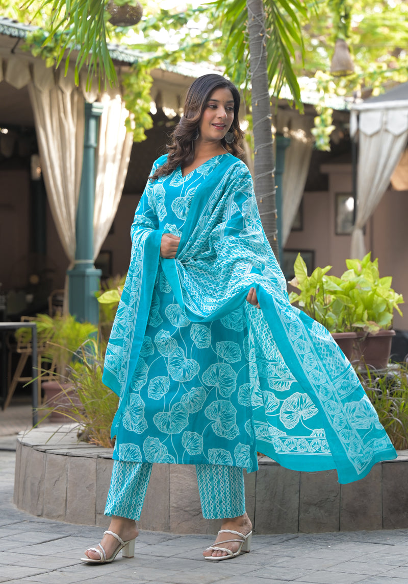 Phoolkari blue printed cotton suit set with cotton dupatta