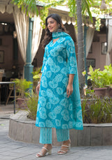 Phoolkari blue printed cotton suit set with cotton dupatta