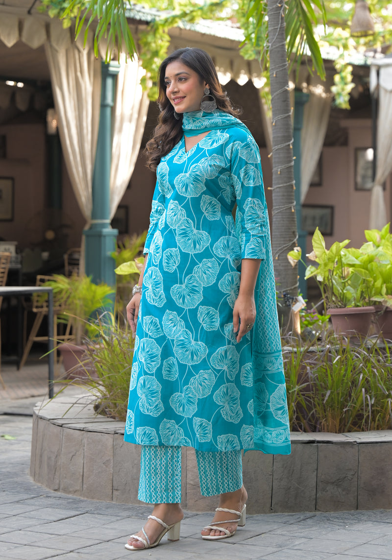 Phoolkari blue printed cotton suit set with cotton dupatta