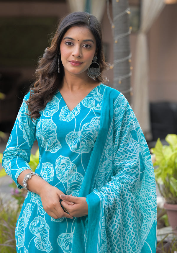 Phoolkari blue printed cotton suit set with cotton dupatta