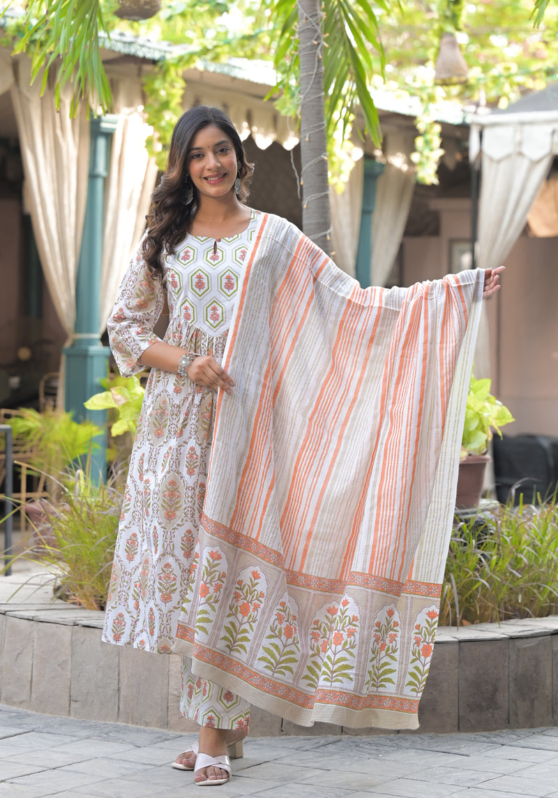 Iris white printed cotton suit set with cotton dupatta