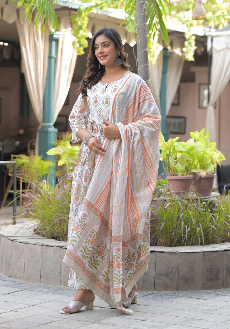 Iris white printed cotton suit set with cotton dupatta