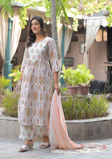 Iris white printed cotton suit set with cotton dupatta