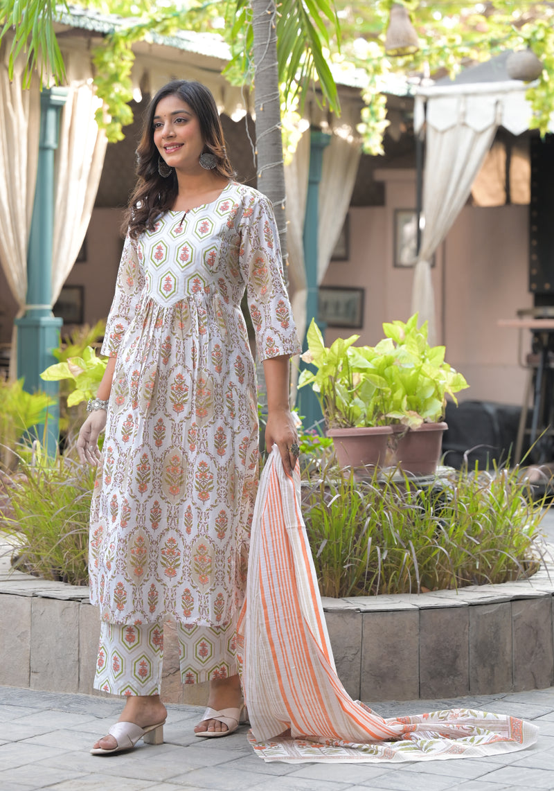 Iris white printed cotton suit set with cotton dupatta