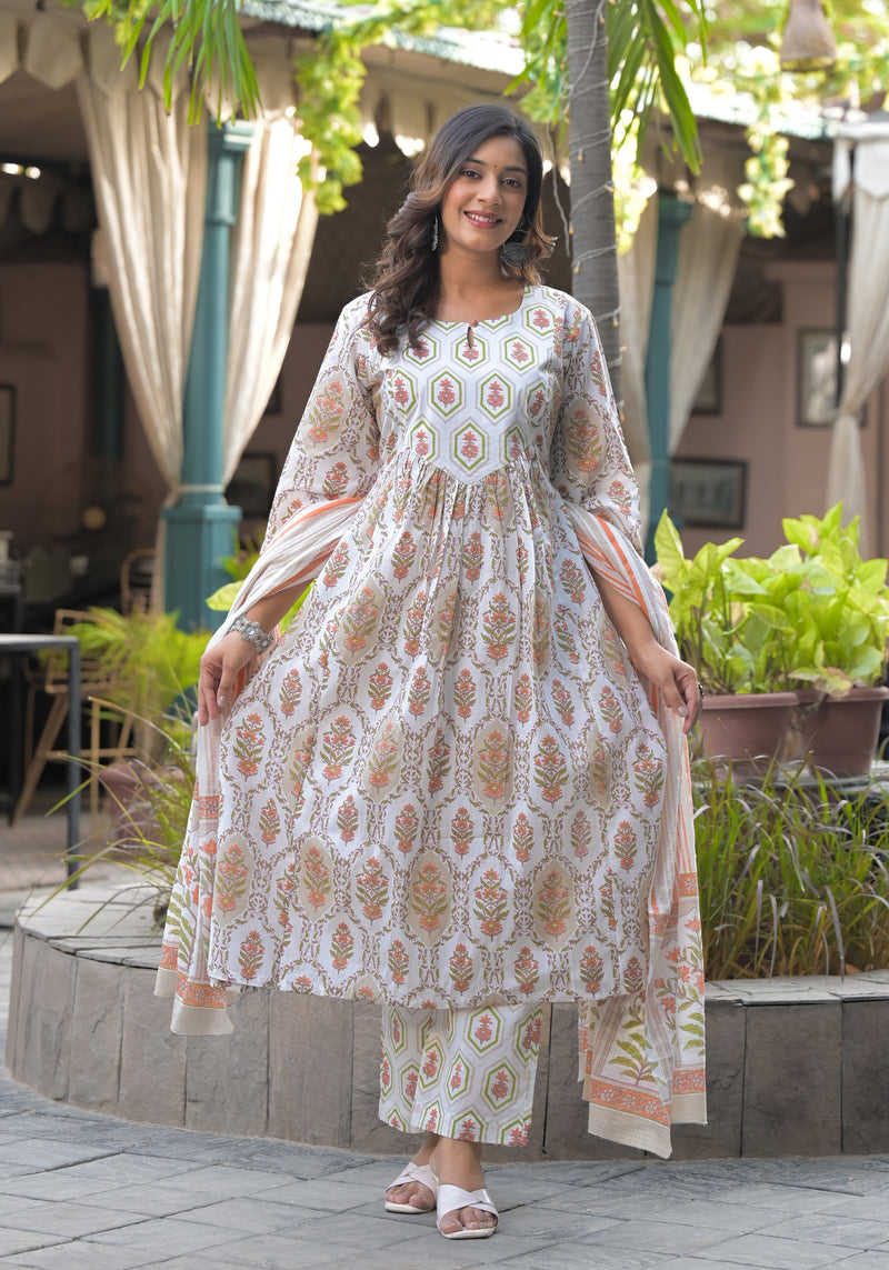 Iris white printed cotton suit set with cotton dupatta