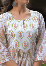 Iris white printed cotton suit set with cotton dupatta