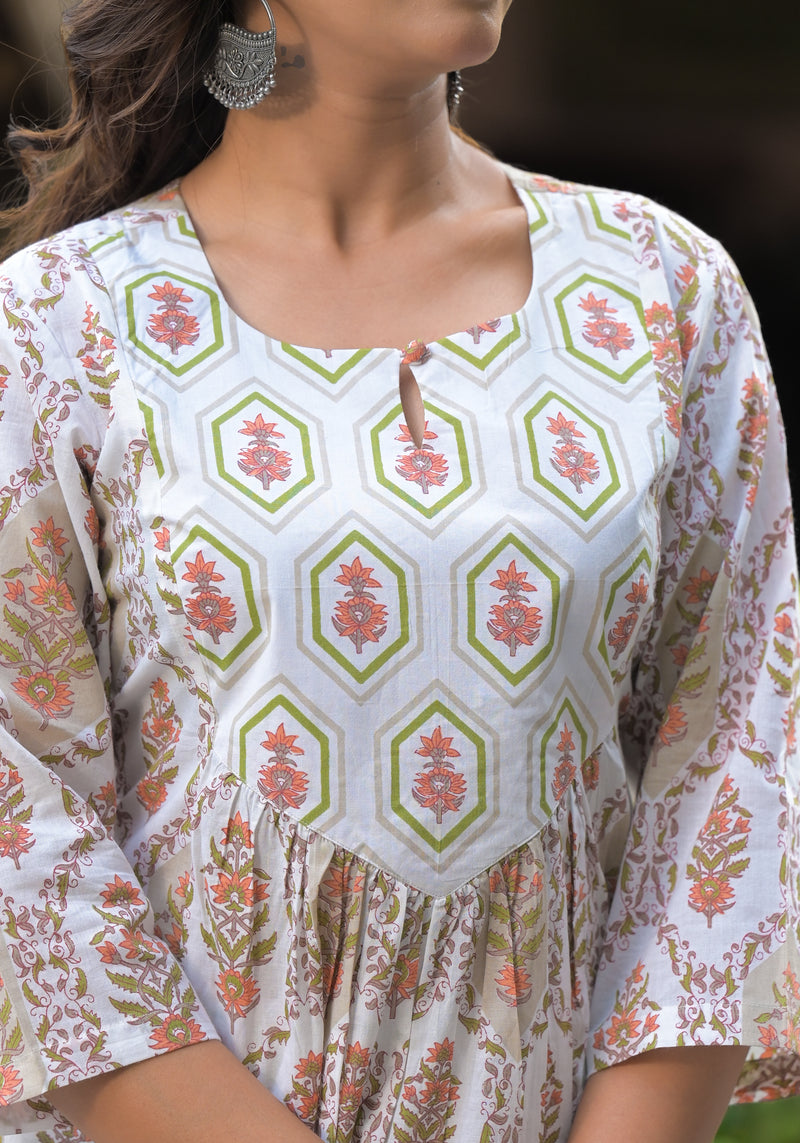 Iris white printed cotton suit set with cotton dupatta