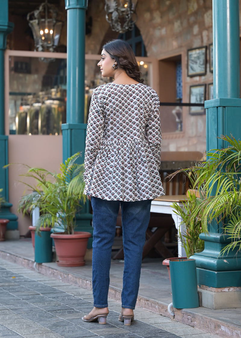 Rosso White Handblock Printed Short Kurta