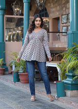 Rosso White Handblock Printed Short Kurta