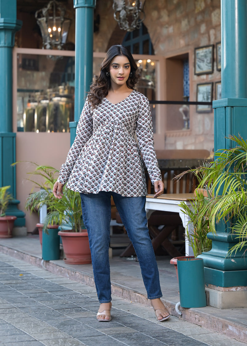 Rosso White Handblock Printed Short Kurta
