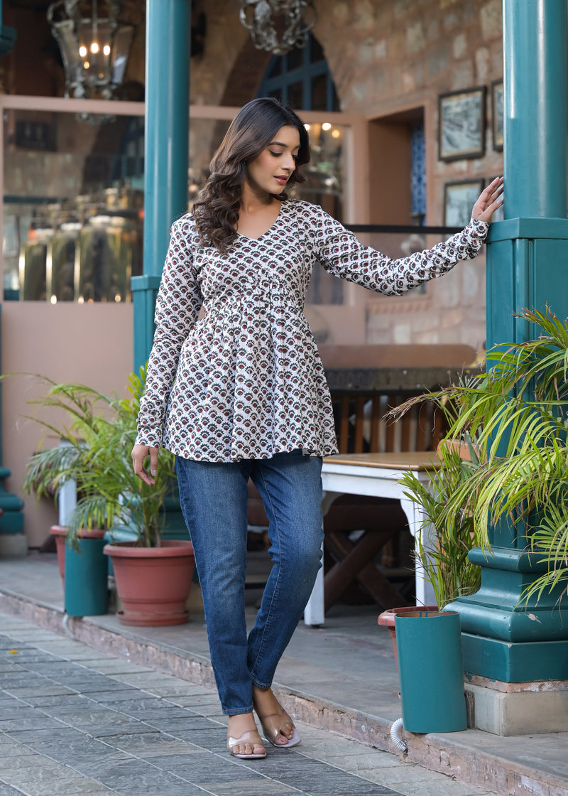 Rosso White Handblock Printed Short Kurta