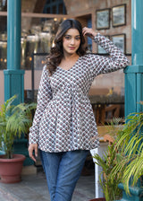 Rosso White Handblock Printed Short Kurta