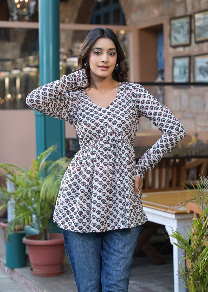 Rosso White Handblock Printed Short Kurta