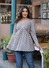 Rosso White Handblock Printed Short Kurta
