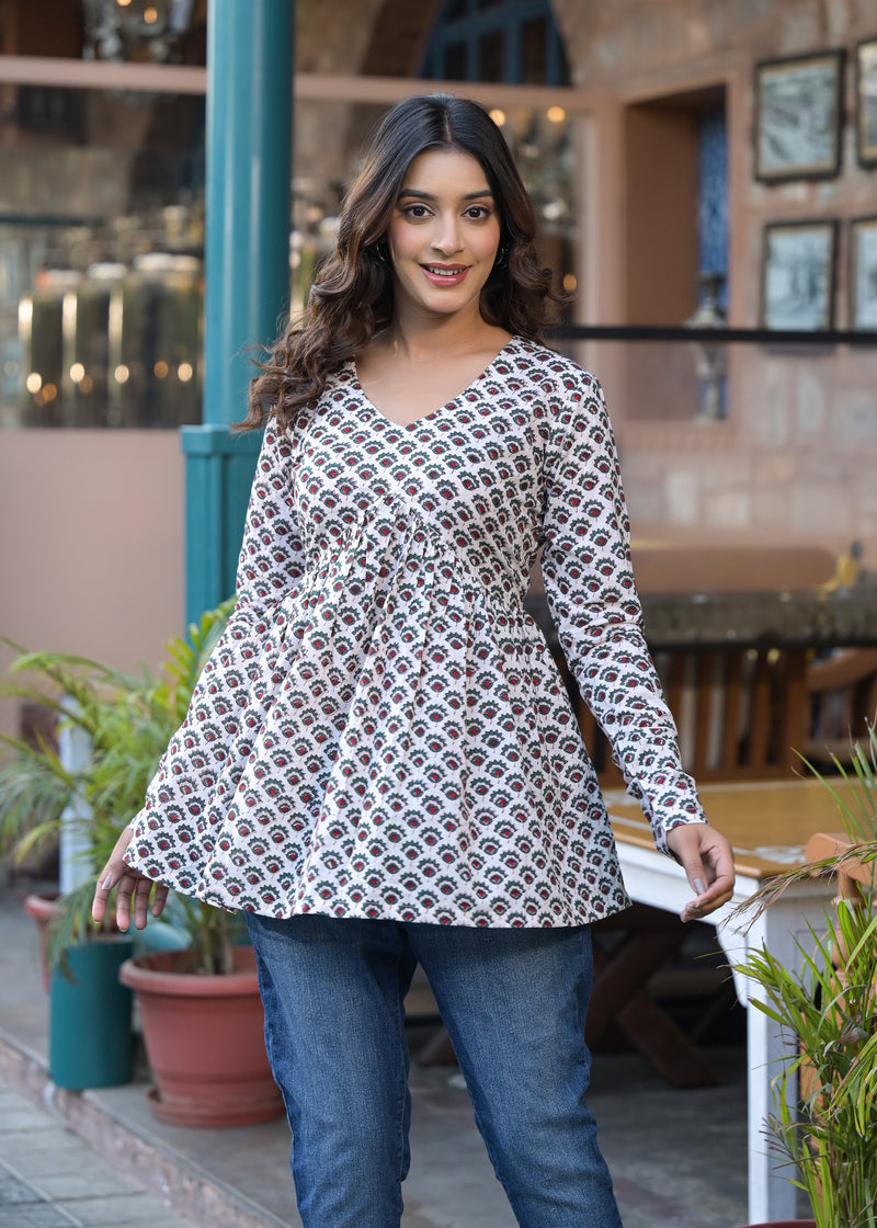 Rosso White Handblock Printed Short Kurta