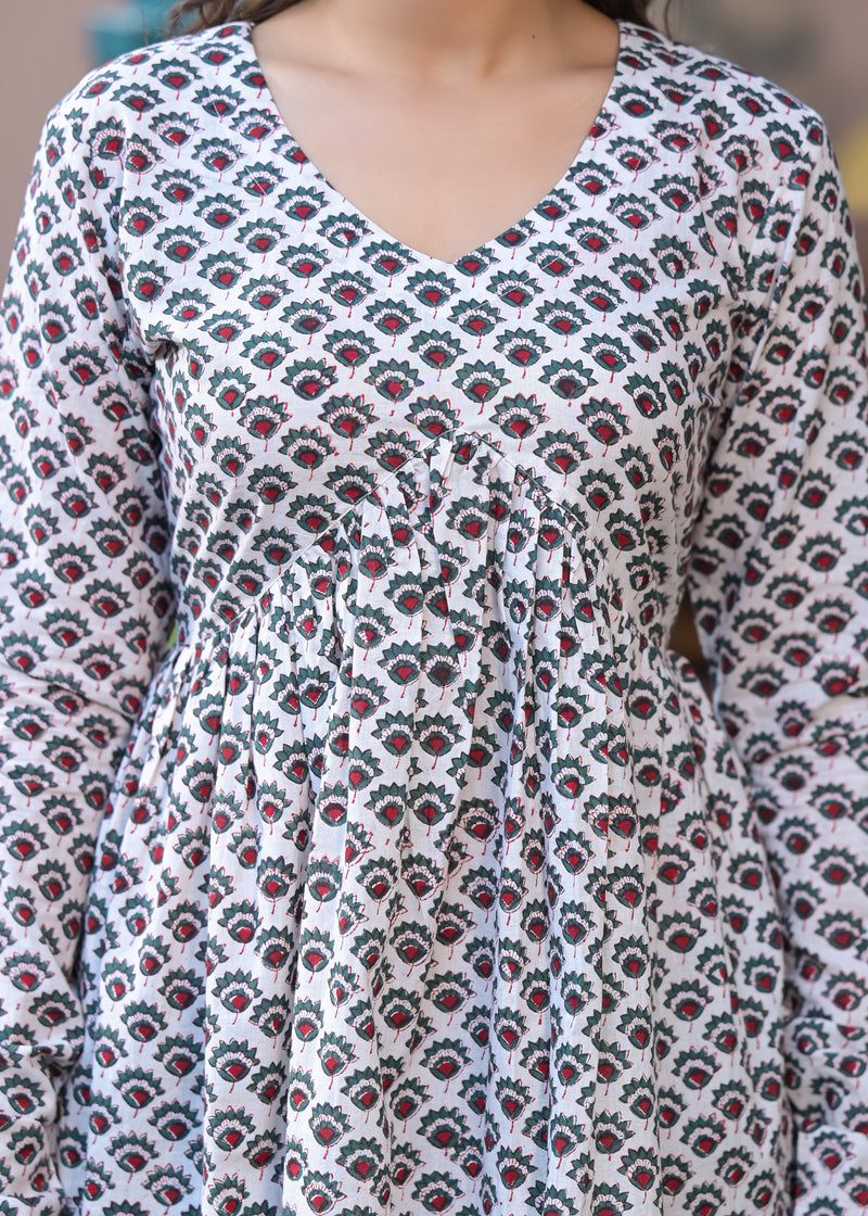 Rosso White Handblock Printed Short Kurta