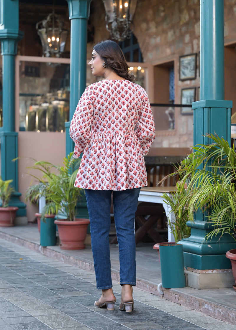 Berry Red Handblock Printed cotton Angrakha Short Kurta