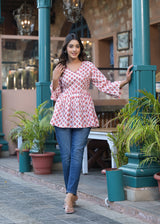 Berry Red Handblock Printed cotton Angrakha Short Kurta