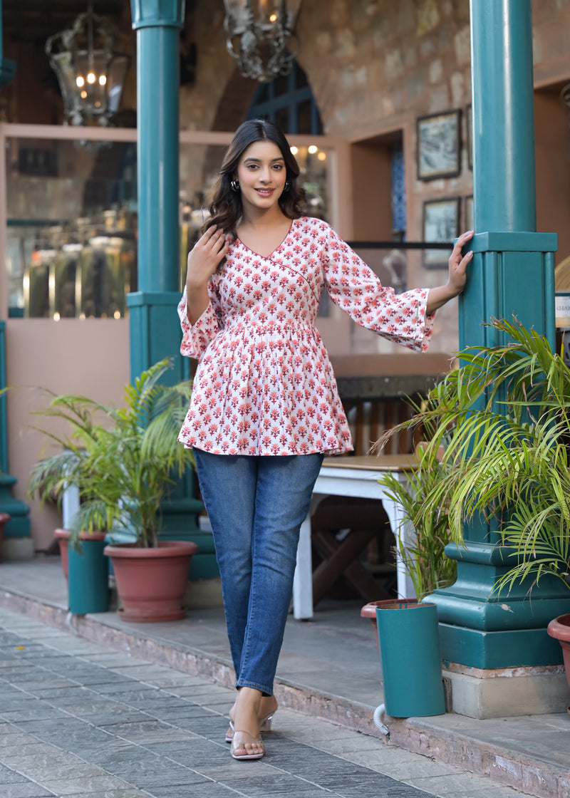 Berry Red Handblock Printed cotton Angrakha Short Kurta