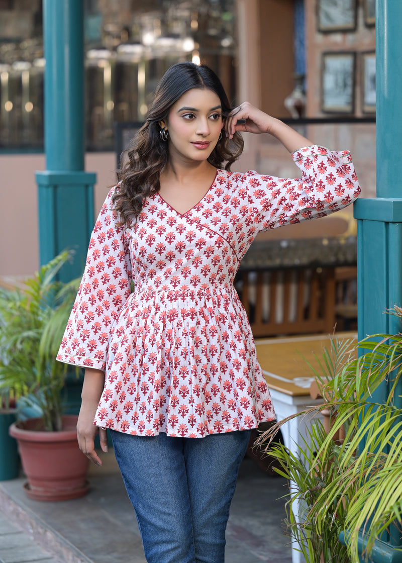 Berry Red Handblock Printed cotton Angrakha Short Kurta