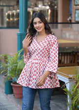 Berry Red Handblock Printed cotton Angrakha Short Kurta