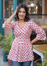 Berry Red Handblock Printed cotton Angrakha Short Kurta