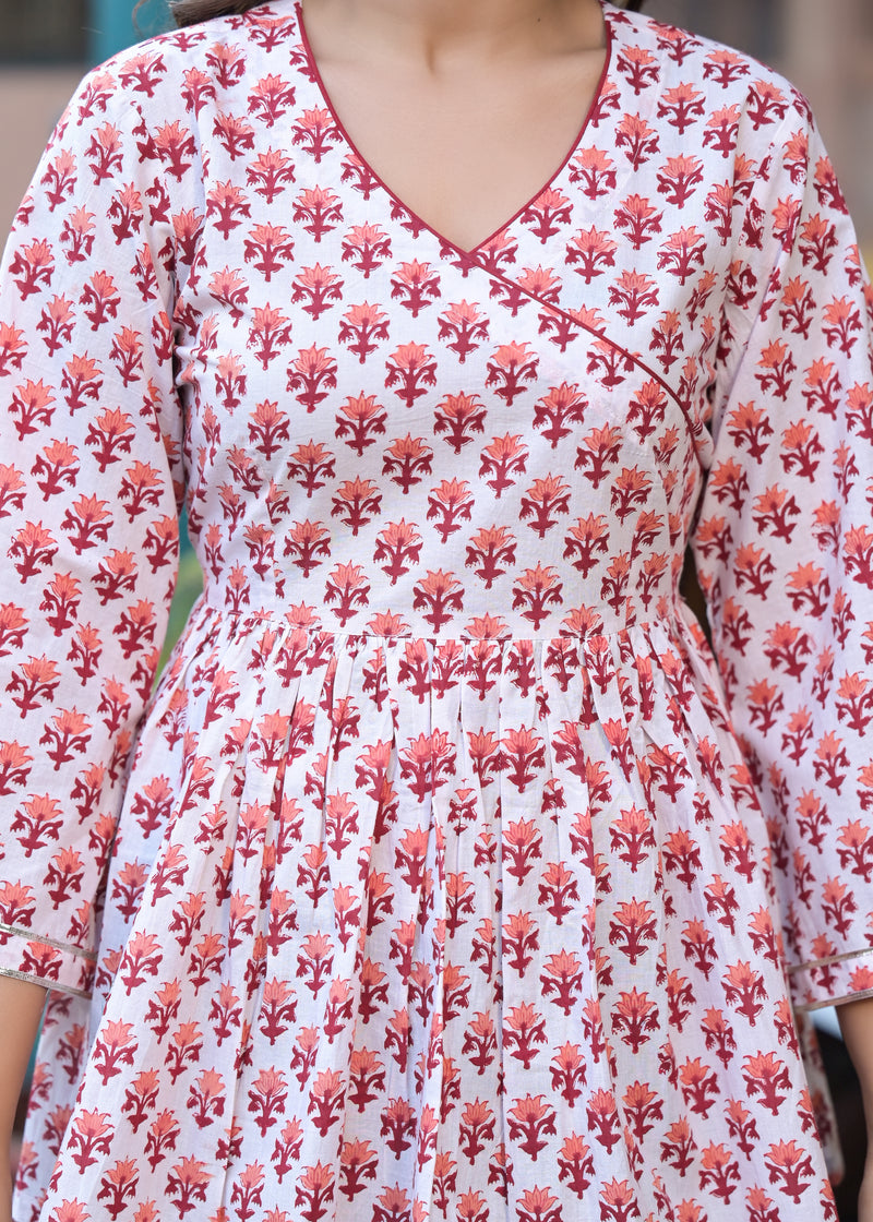 Berry Red Handblock Printed cotton Angrakha Short Kurta