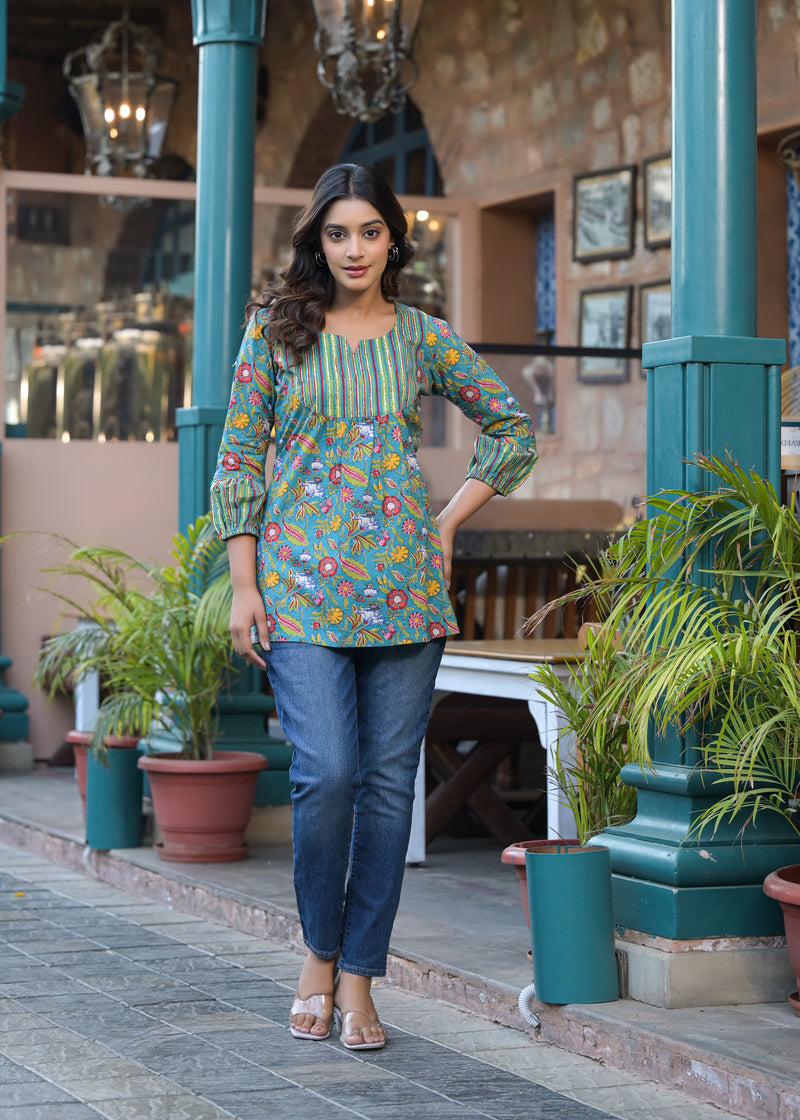 Gulab Green Printed Cotton Short Kurta