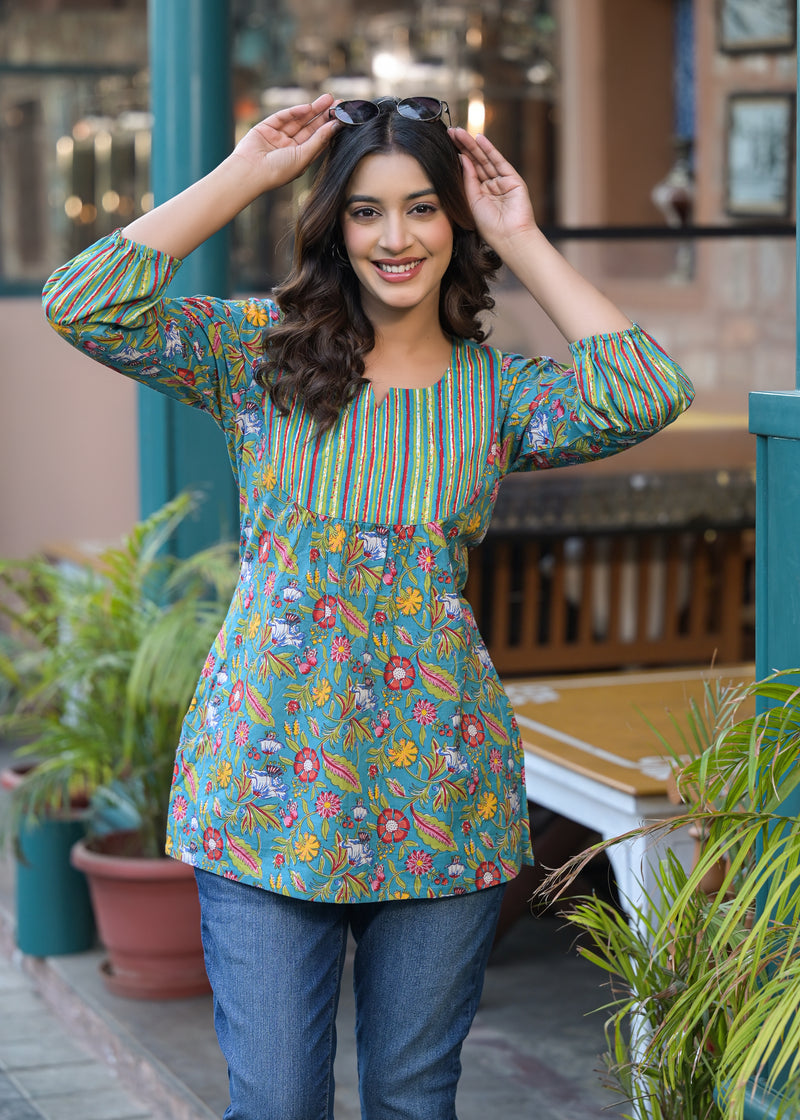 Gulab Green Printed Cotton Short Kurta