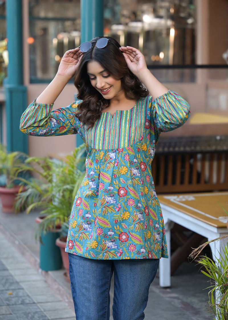 Gulab Green Printed Cotton Short Kurta
