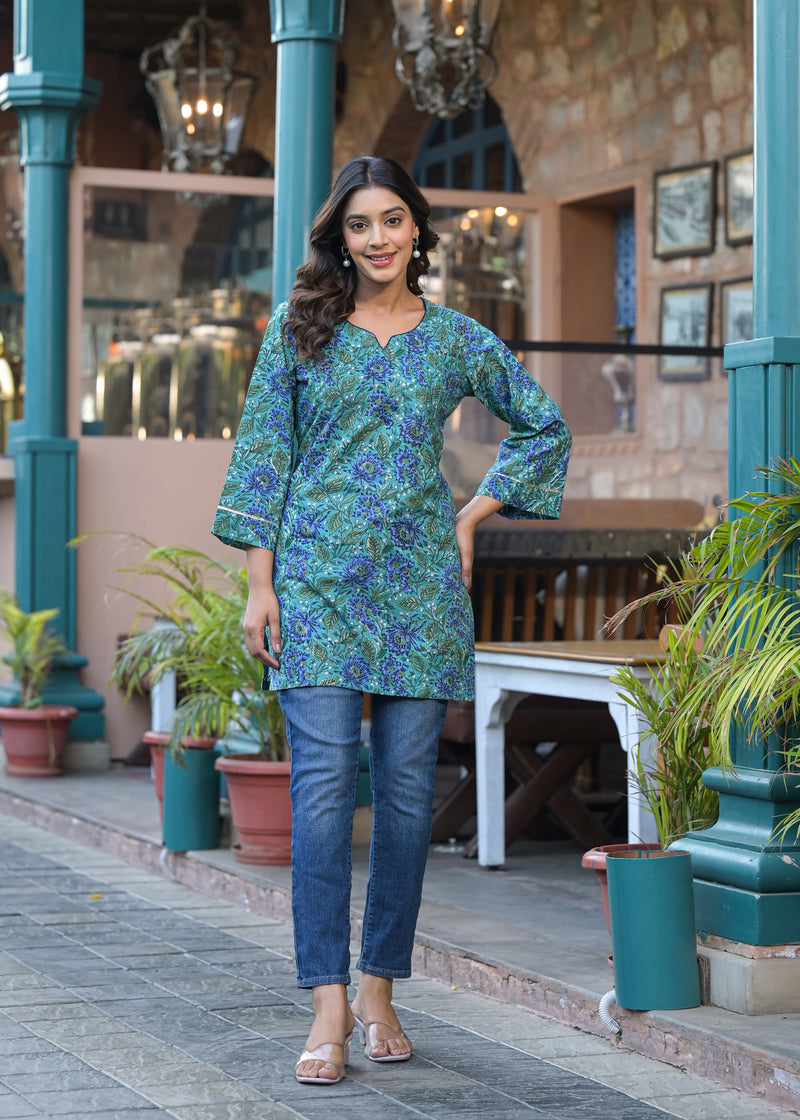 Gulista Green Handblock Printed Short kurta