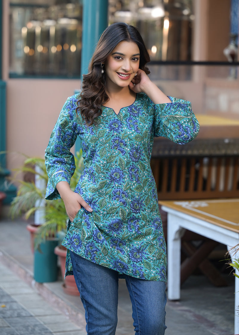 Gulista Green Handblock Printed Short kurta
