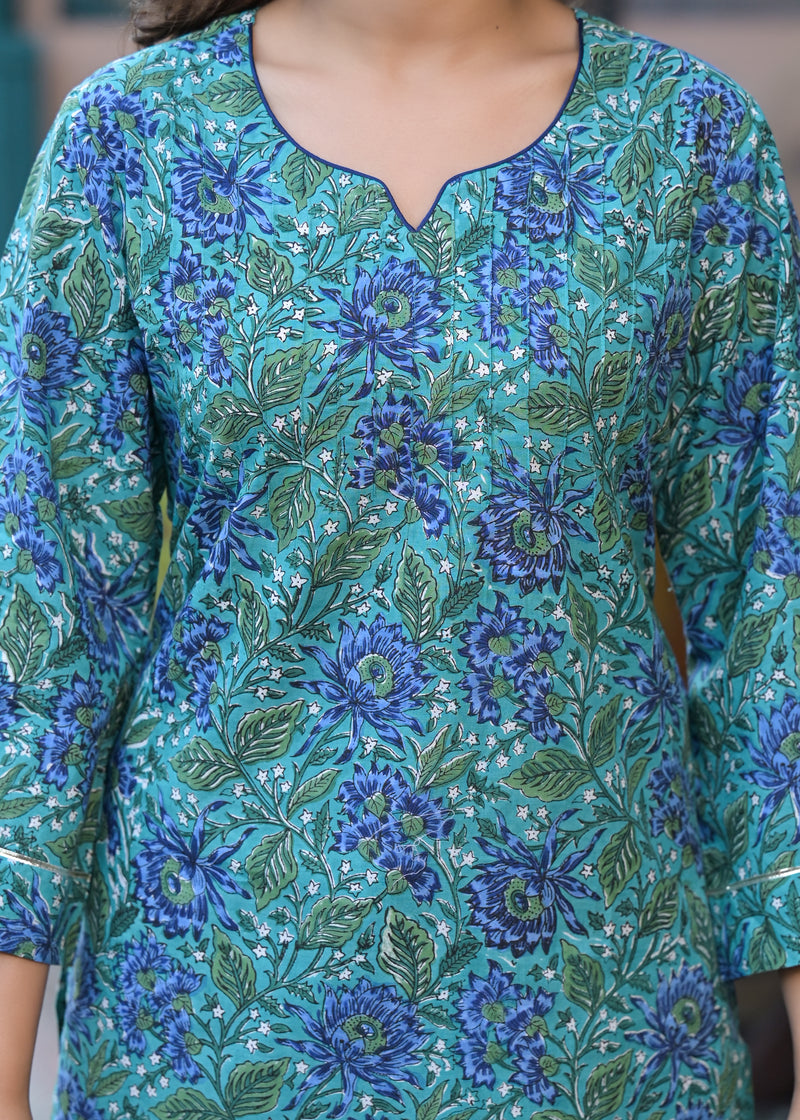 Gulista Green Handblock Printed Short kurta