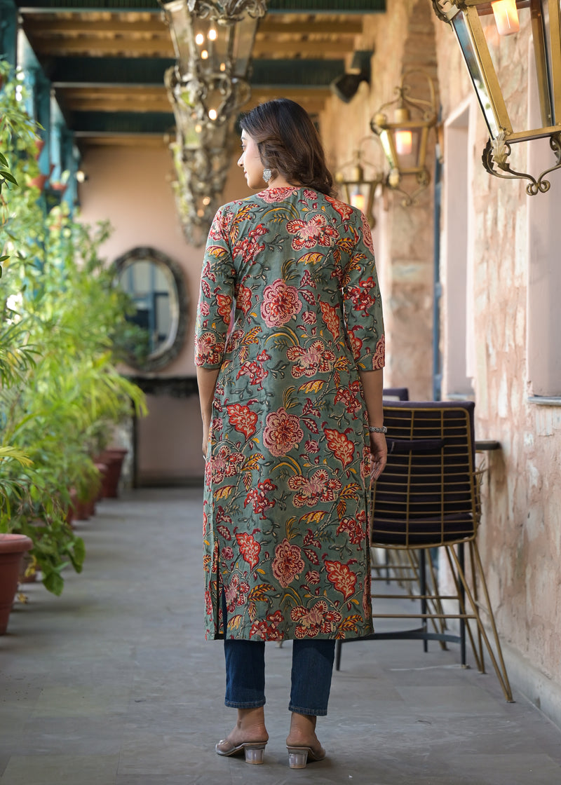 Sushma  Green Handblock Printed Cotton Long Kurta