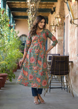 Sushma  Green Handblock Printed Cotton Long Kurta