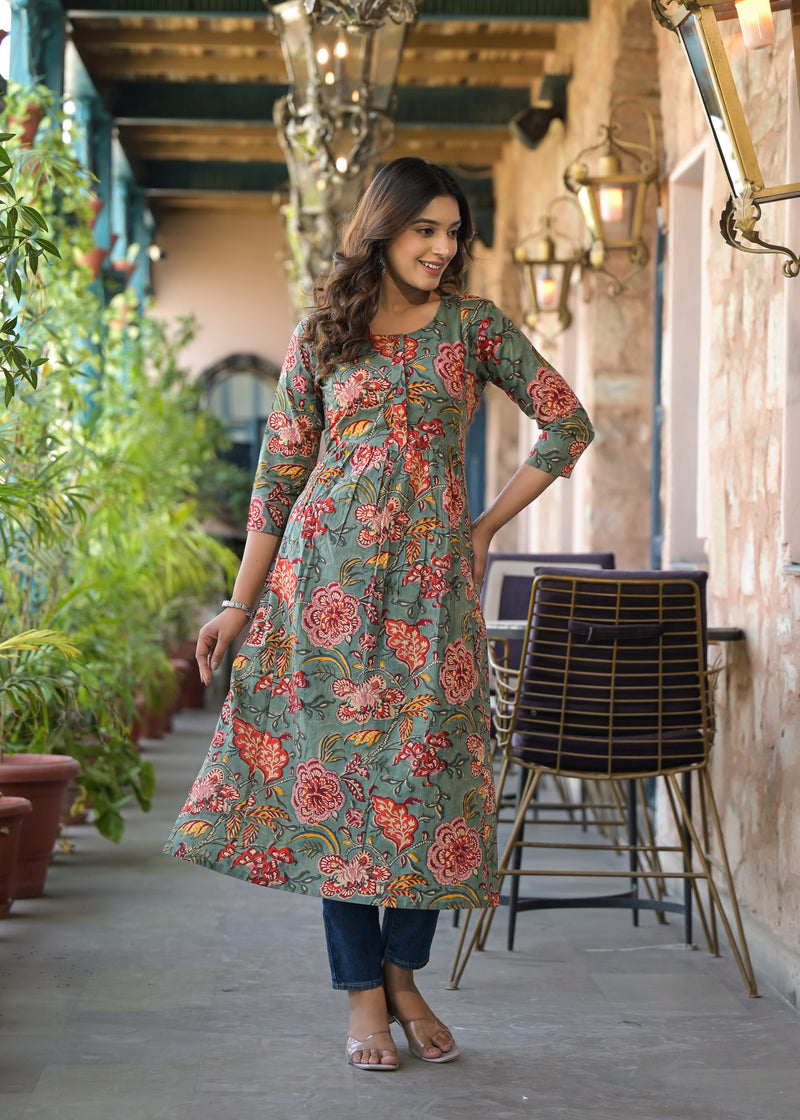 Sushma  Green Handblock Printed Cotton Long Kurta