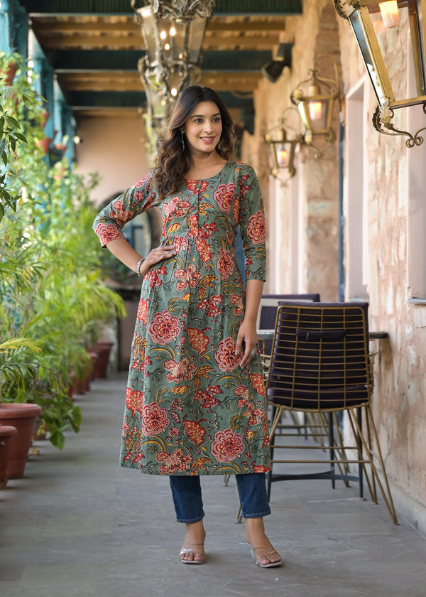 Sushma  Green Handblock Printed Cotton Long Kurta