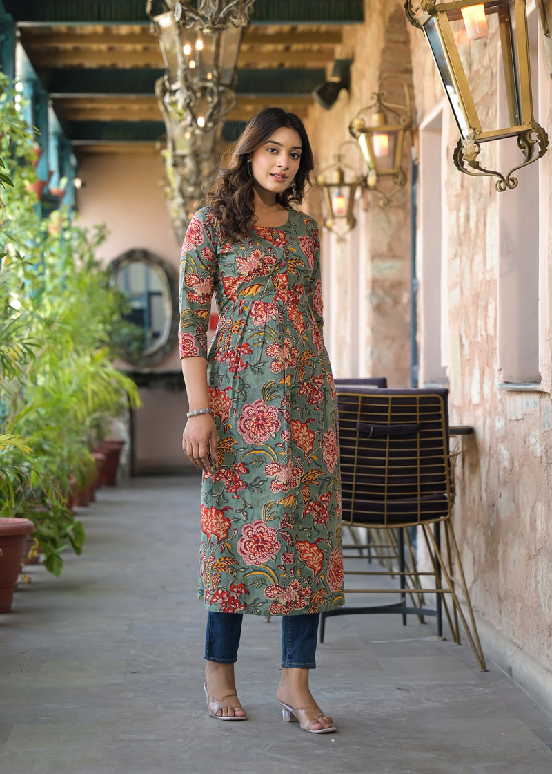 Sushma  Green Handblock Printed Cotton Long Kurta