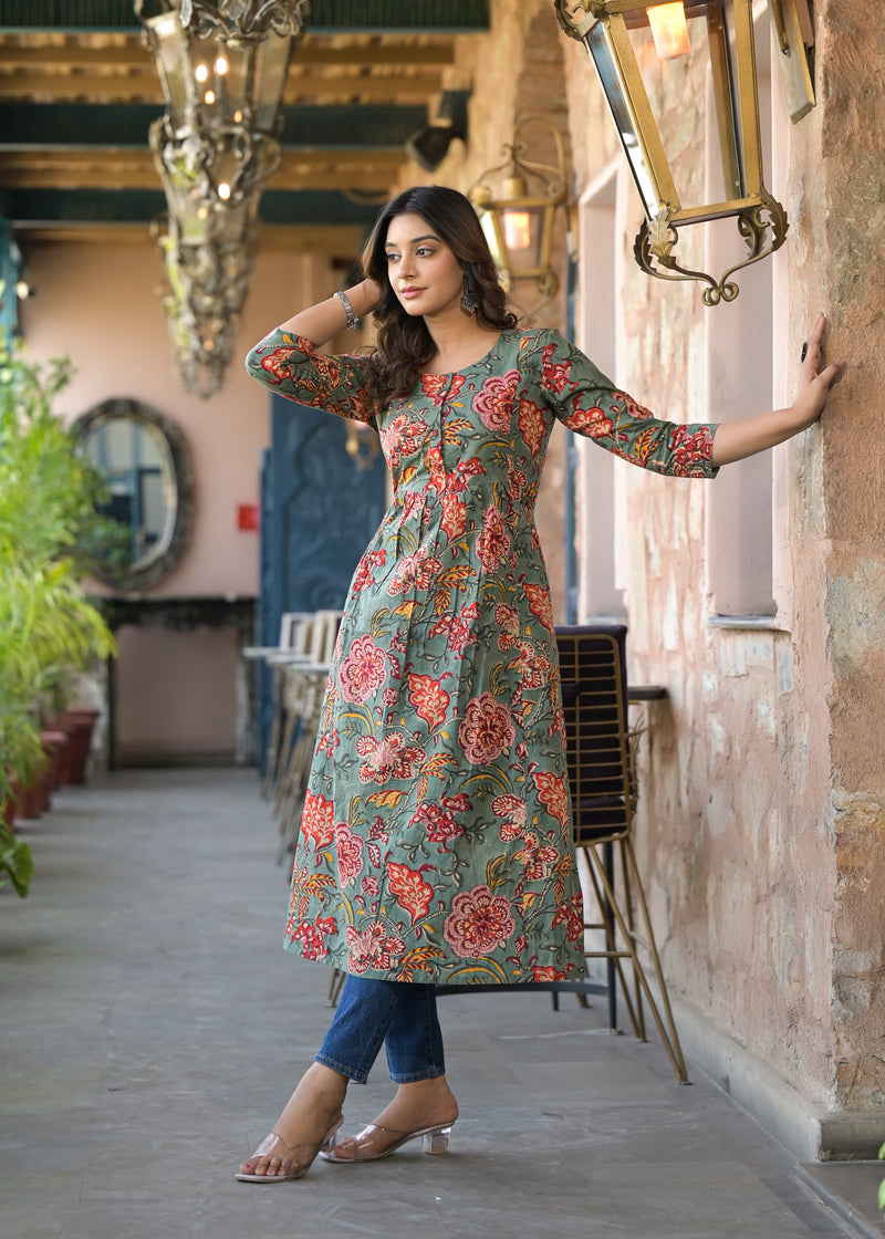 Sushma  Green Handblock Printed Cotton Long Kurta