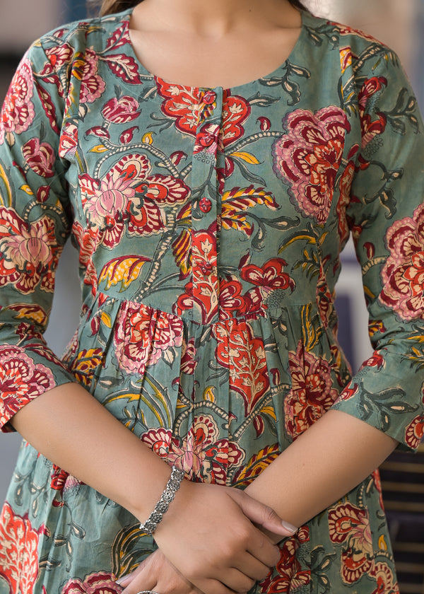 Sushma  Green Handblock Printed Cotton Long Kurta