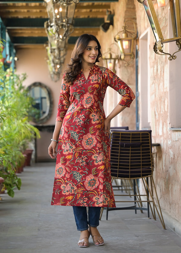 Rosa Red Handblock Printed Cotton Long Kurta