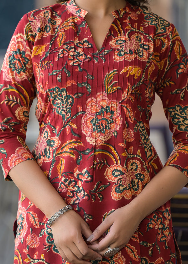 Rosa Red Handblock Printed Cotton Long Kurta
