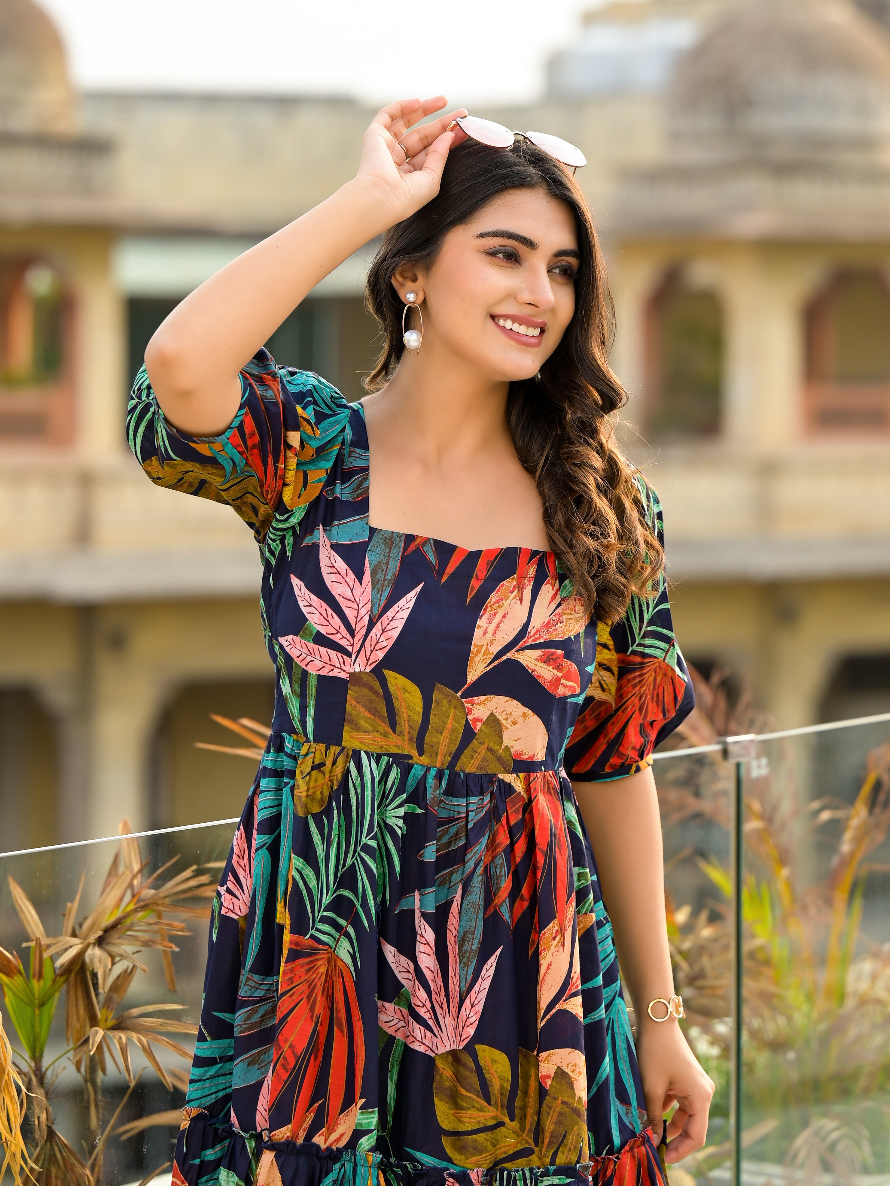 Paradise Sunset Boho Floral Print Midi Dress