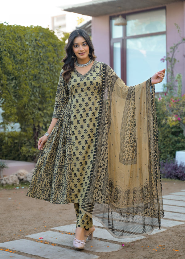 Vintage Charm Beige Printed Suit Set With Chiffon Dupatta