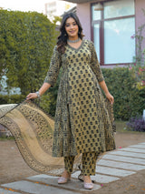 Vintage Charm Beige Printed Suit Set With Chiffon Dupatta