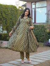 Vintage Charm Beige Printed Suit Set With Chiffon Dupatta