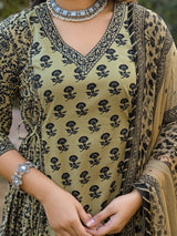 Vintage Charm Beige Printed Suit Set With Chiffon Dupatta