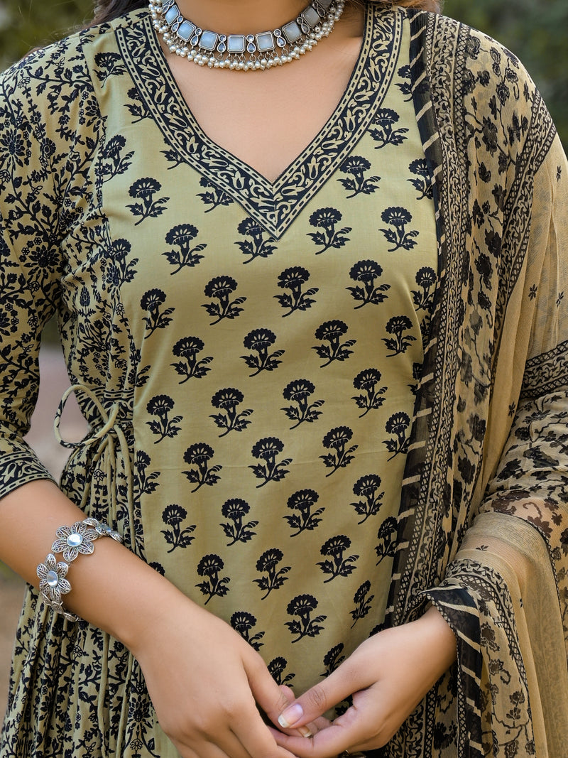 Vintage Charm Beige Printed Suit Set With Chiffon Dupatta