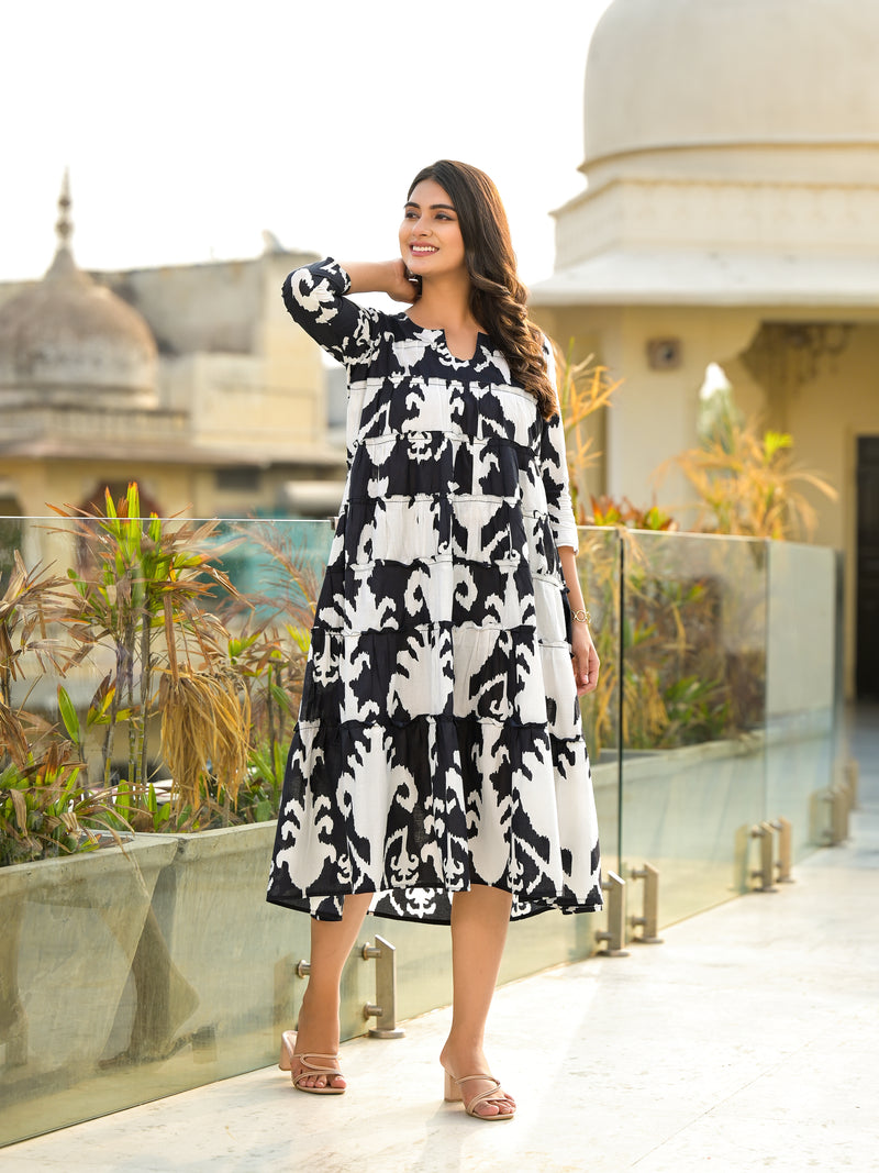 Black and White Magic Tiered Midi Dress