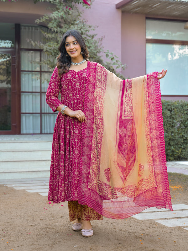 Gulabi Zarihaar Royal Printed Anarkali Suit Set With Chiffon Dupatta